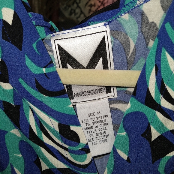 Marc Bouwer blue teal black blouse abstract thick tie back with wrap around belt - Picture 2 of 5